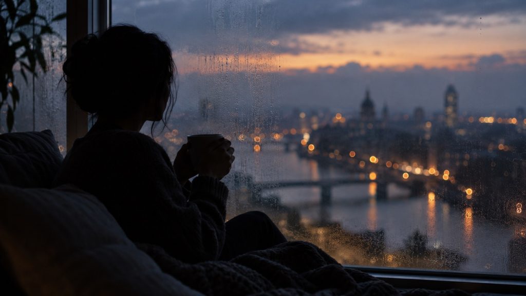 Silhouette pensive près d’une fenêtre au crépuscule, une tasse entre les mains