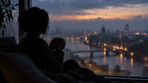 Silhouette pensive près d’une fenêtre au crépuscule, une tasse entre les mains