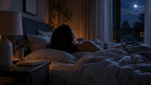 Personne éveillée dans son lit la nuit, la chambre éclairée par la lune