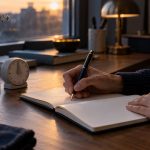 Mains écrivant dans un carnet à côté d’une tasse et d’un minuteur, en fin de journée